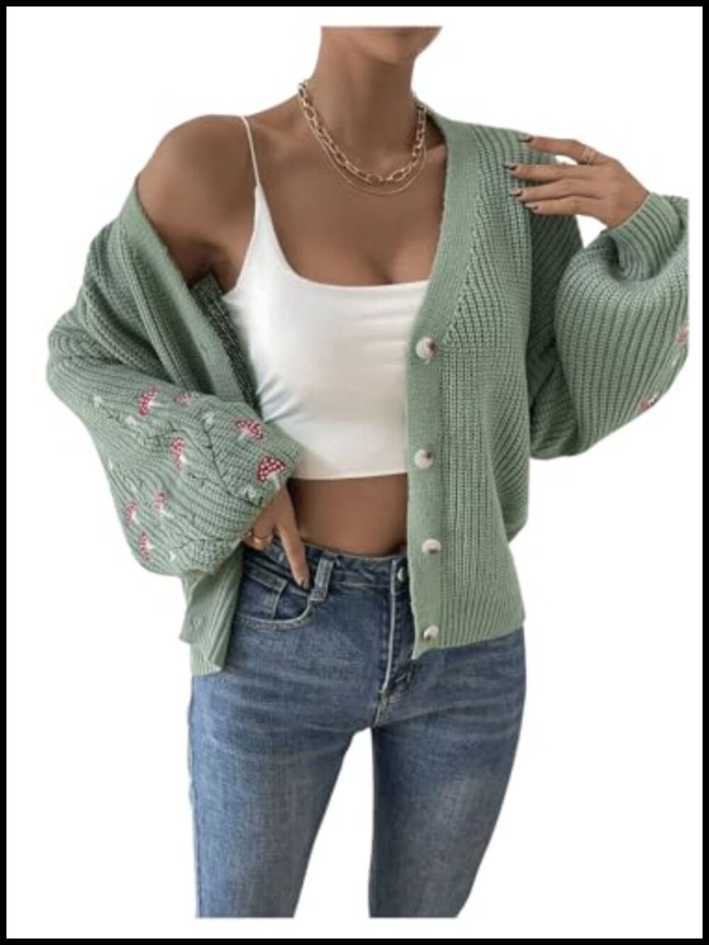 Womens Embroidery Cardigan Drop Shoulder Button Front Duster Knit Sweater - Picture 4 of 5